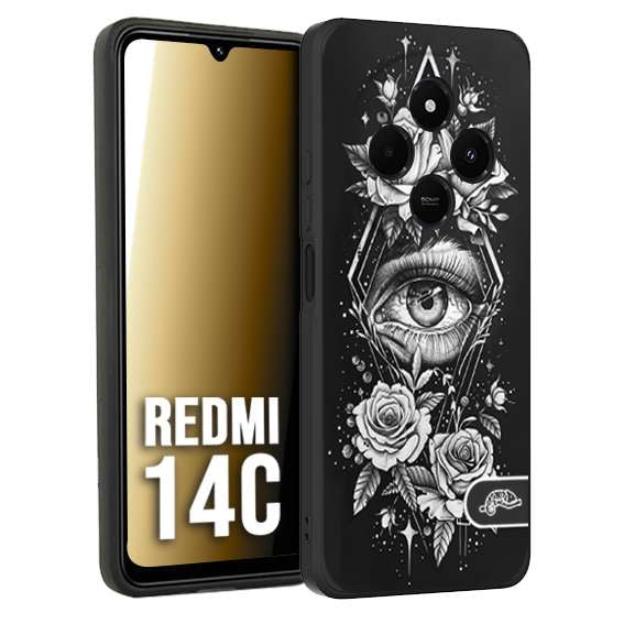 CUSTOMIZZA - Custodia cover nera morbida in tpu compatibile per Xiaomi Redmi 14C occhio fiori rombo geometrico black and white bianco a rilievo disegnato tattoo tatuaggio