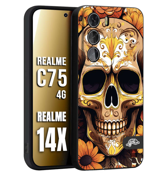 CUSTOMIZZA - Custodia cover nera morbida in tpu compatibile per Realme 14X - C75 4G teschio messicano colorato dorato fiori tattoo disegnato