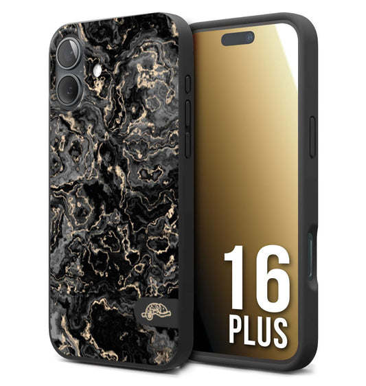 CUSTOMIZZA - Custodia cover nera morbida in tpu compatibile per iPhone 16 PLUS effetto marmo marble nero black venature dorato pietra