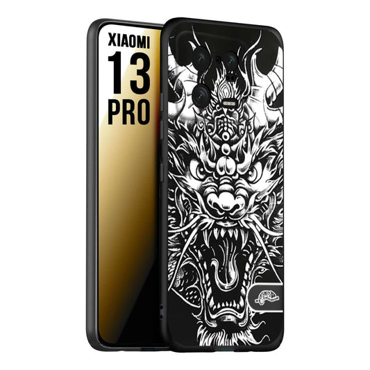 CUSTOMIZZA - Custodia cover nera morbida in tpu compatibile per Xiaomi 13 PRO drago black and white bianco a rilievo disegnato tattoo tatuaggio