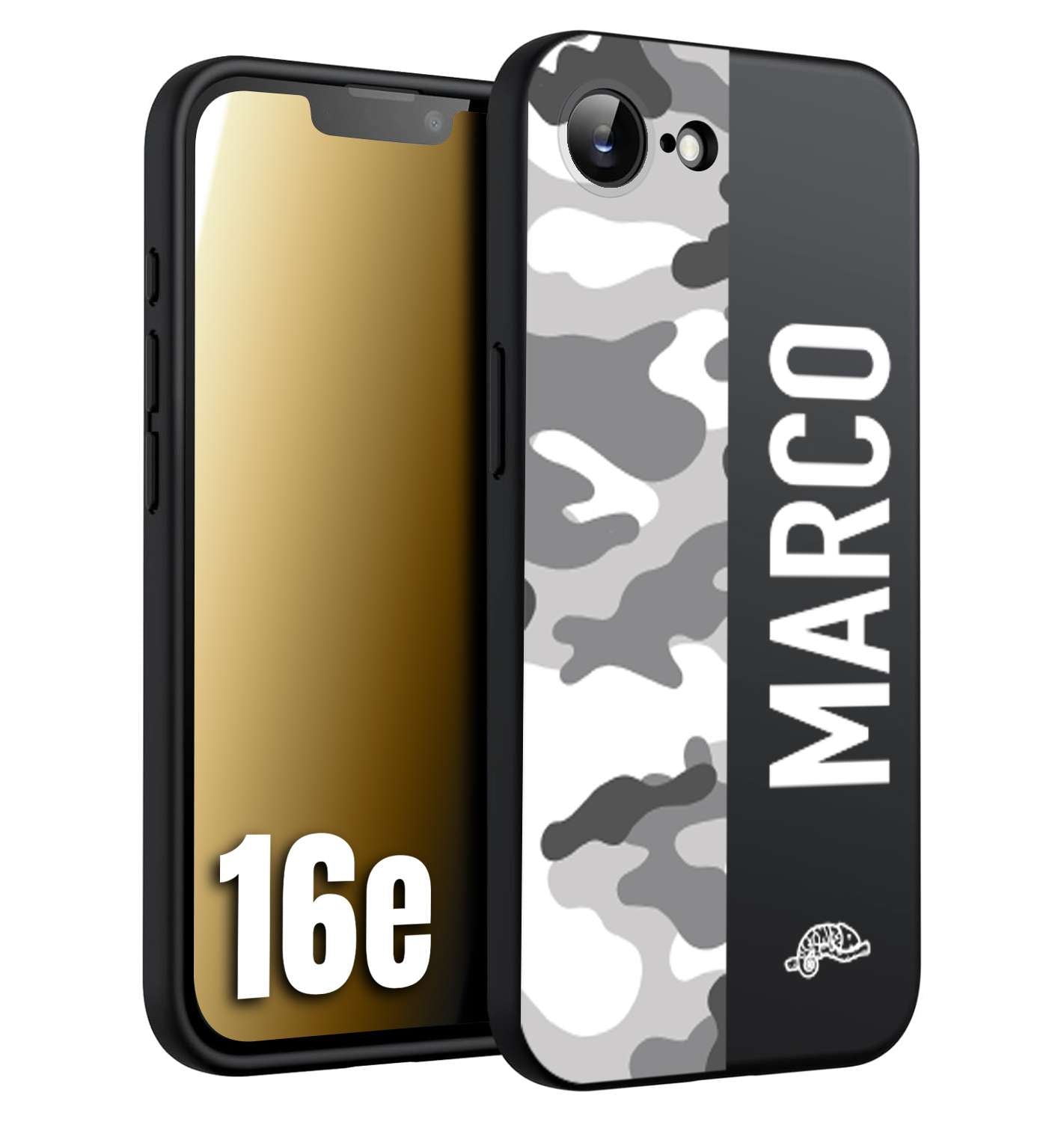 CUSTOMIZZA - Custodia cover nera morbida in tpu compatibile per iPhone 16E camouflage mimetico militare personalizzata nome bianco