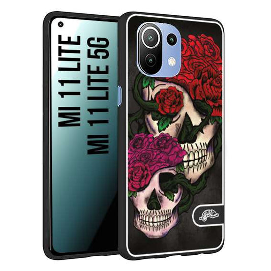 CUSTOMIZZA - Custodia cover nera morbida in tpu compatibile per Xiaomi Mi 11 Lite / Mi 11 Lite 5G teschi e rose rosse fucsia skull and roses