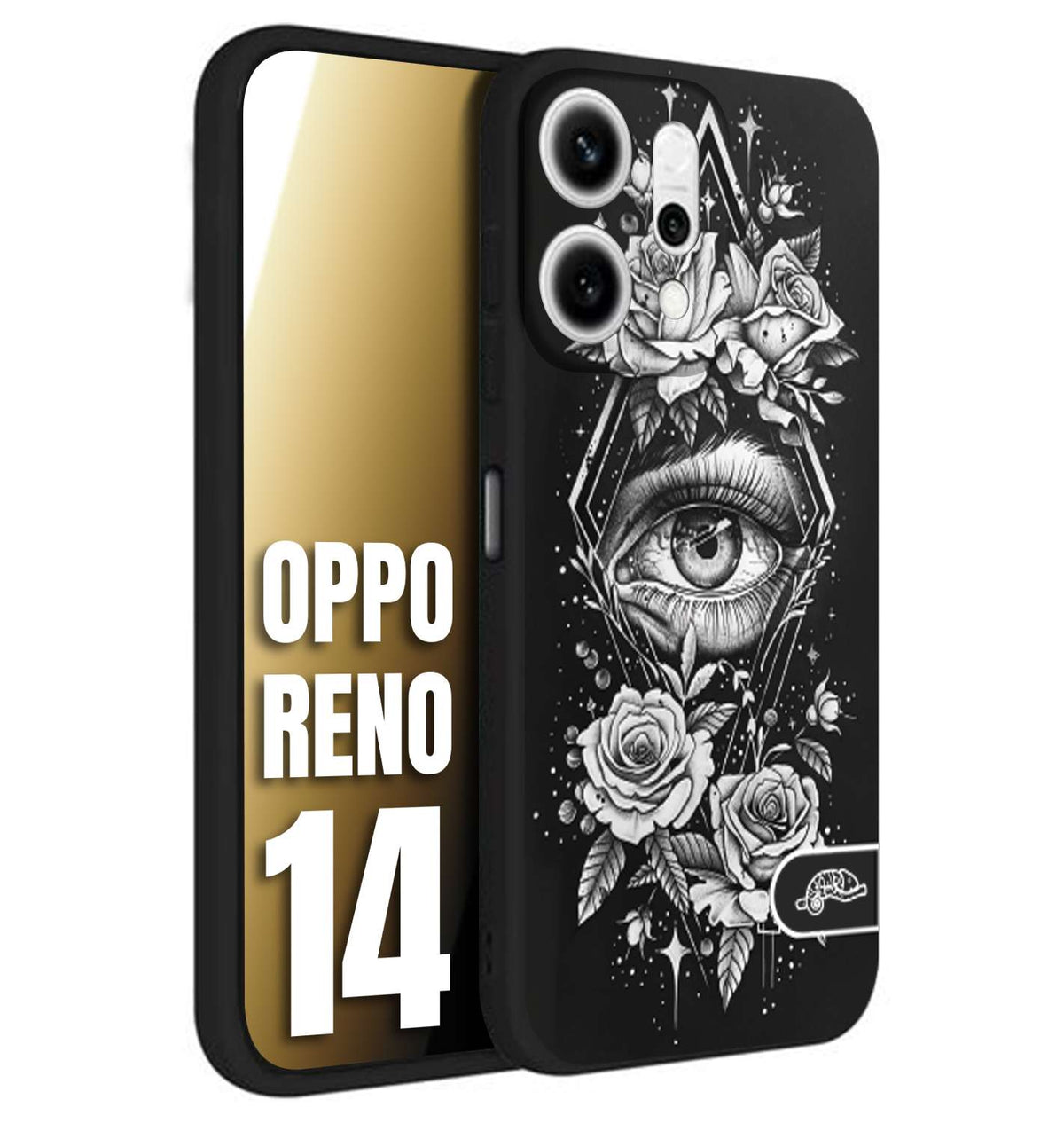 CUSTOMIZZA - Custodia cover nera morbida in tpu compatibile per Oppo Reno 14 occhio fiori rombo geometrico black and white bianco a rilievo disegnato tattoo tatuaggio