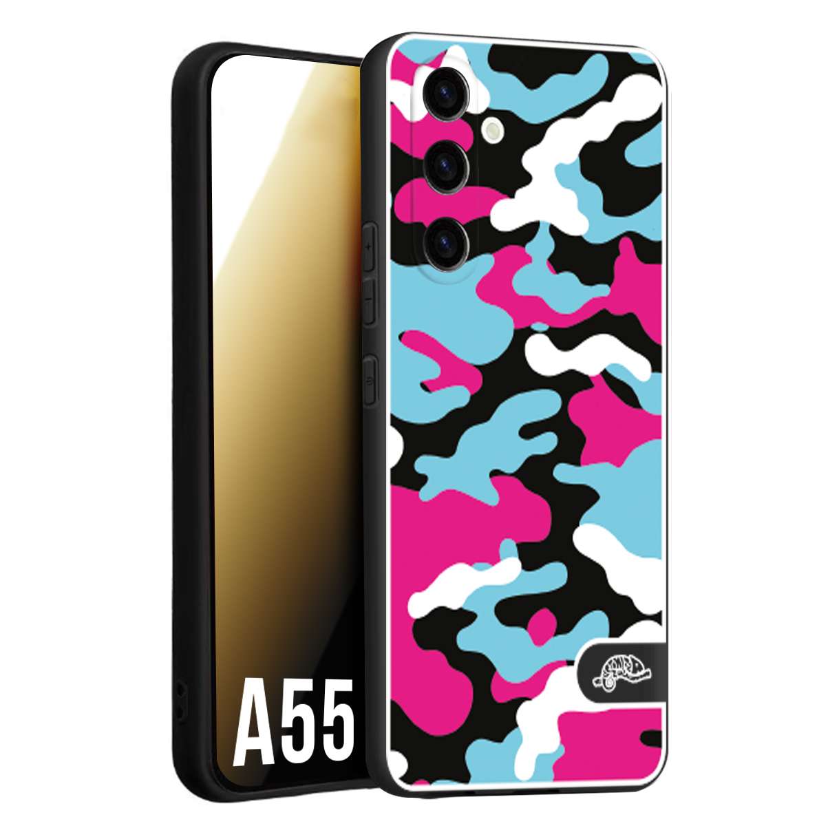 CUSTOMIZZA - Custodia cover nera morbida in tpu compatibile per Samsung A55 5G camouflage mimetico militare fucsia celeste