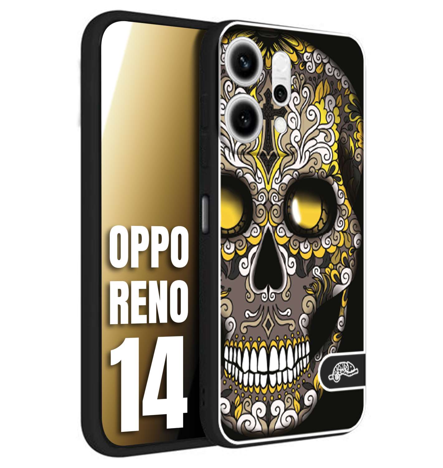 CUSTOMIZZA - Custodia cover nera morbida in tpu compatibile per Oppo Reno 14 teschio messicano Mexican skull nero giallo
