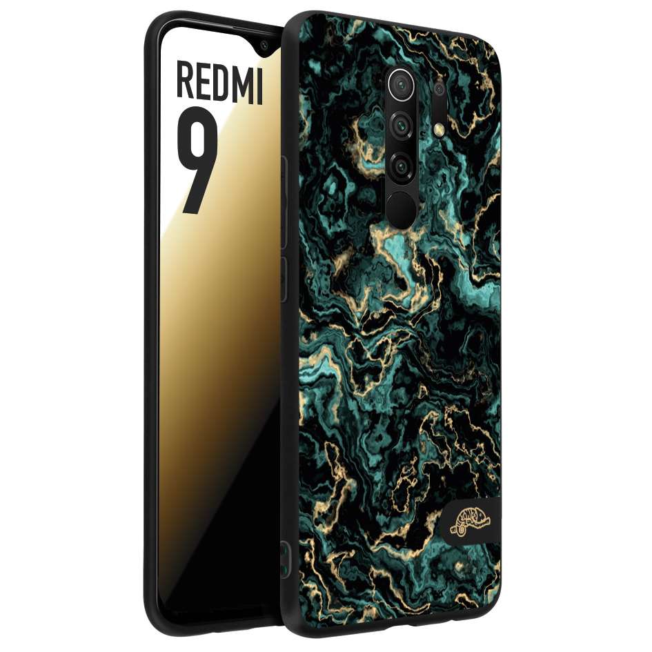 CUSTOMIZZA - Custodia cover nera morbida in tpu compatibile per Xiaomi Redmi 9 effetto marmo marble verde green venature dorato pietra