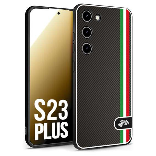 CUSTOMIZZA - Custodia cover nera morbida in tpu compatibile per Samsung S23 PLUS effetto fibra di carbonio bandiera Italia made in Italy