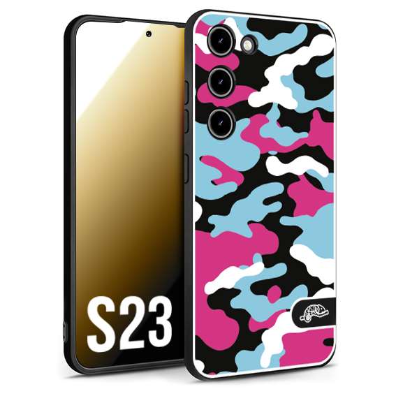 CUSTOMIZZA - Custodia cover nera morbida in tpu compatibile per Samsung S23 camouflage mimetico militare fucsia celeste