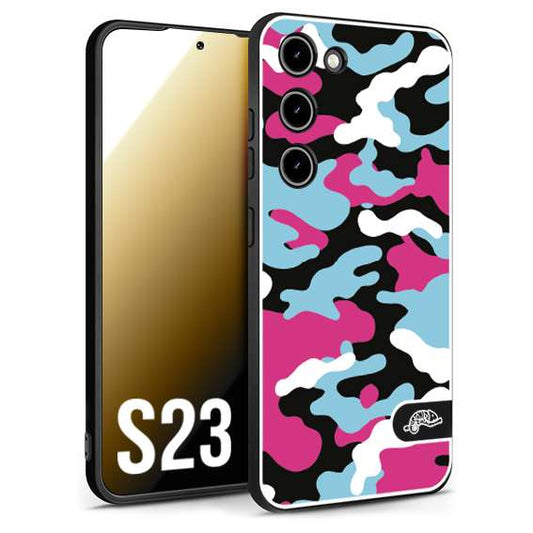 CUSTOMIZZA - Custodia cover nera morbida in tpu compatibile per Samsung S23 camouflage mimetico militare fucsia celeste