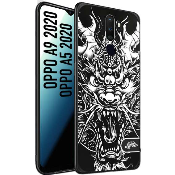 CUSTOMIZZA - Custodia cover nera morbida in tpu compatibile per Oppo A9 2020 - A5 2020 drago black and white bianco a rilievo disegnato tattoo tatuaggio