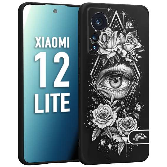 CUSTOMIZZA - Custodia cover nera morbida in tpu compatibile per Xiaomi 12 LITE occhio fiori rombo geometrico black and white bianco a rilievo disegnato tattoo tatuaggio