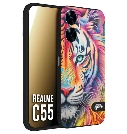 CUSTOMIZZA - Custodia cover nera morbida in tpu compatibile per Oppo C55 animali color tigre tiger viso colori vibranti disegnato schizzo