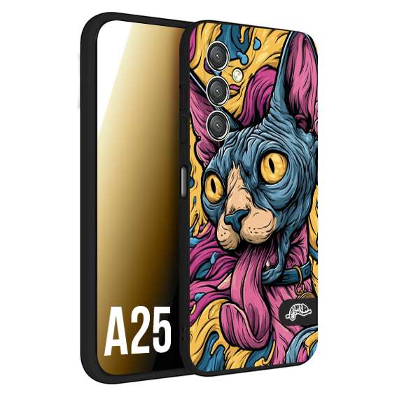 CUSTOMIZZA - Custodia cover nera morbida in tpu compatibile per Samsung A25 Sphynx Colorato Pop Art Psichedelico Gatto Blu Rosa Giallo Artistica Fantasy