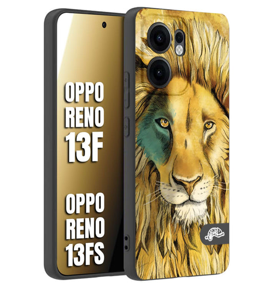 CUSTOMIZZA - Custodia cover nera morbida in tpu compatibile per Oppo Reno 13 F leone lion disegnato a mano giallo blu a rilievo artistico brown