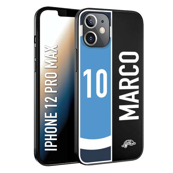 CUSTOMIZZA - Custodia cover nera morbida in tpu compatibile per iPhone 12 PRO MAX personalizzata calcio football nome e numero calciatori biancoazzurri bianco celesti