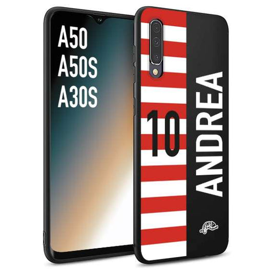 CUSTOMIZZA - Custodia cover nera morbida in tpu compatibile per Samsung A50 - A50S - A30S personalizzata calcio football nome e numero calciatori bianco rossa
