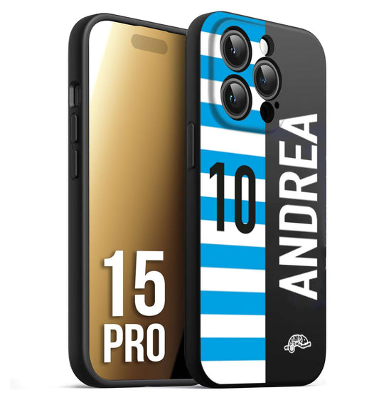 CUSTOMIZZA - Custodia cover nera morbida in tpu compatibile per iPhone 15 PRO personalizzata calcio football nome e numero calciatori biancazzurri