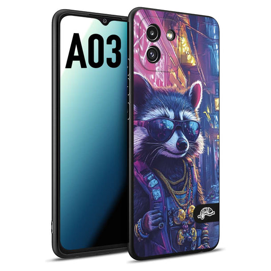 CUSTOMIZZA - Custodia cover nera morbida in tpu compatibile per Samsung A03 animali simpatici cyberpunk procione racoon street cat fucsia blu giallo