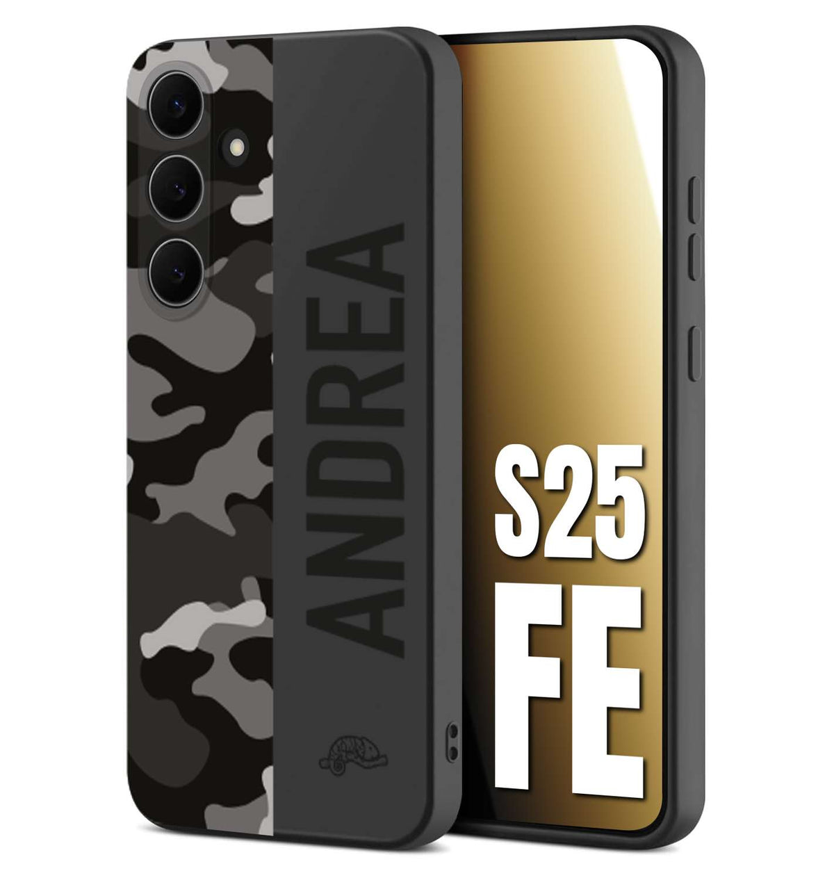 CUSTOMIZZA - Custodia cover nera morbida in tpu compatibile per Samsung S25 FE camouflage mimetico militare personalizzata nome