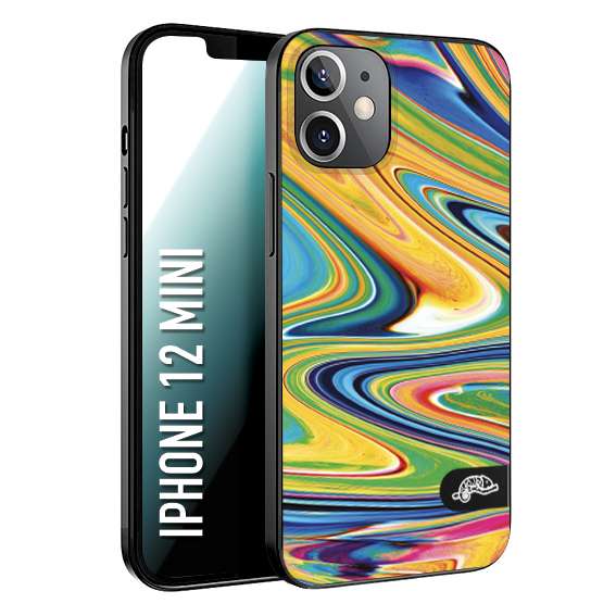 CUSTOMIZZA - Custodia cover nera morbida in tpu compatibile per iPhone 12 MINI colorata fantasia vortice marmo arcobaleno gialla verde blu