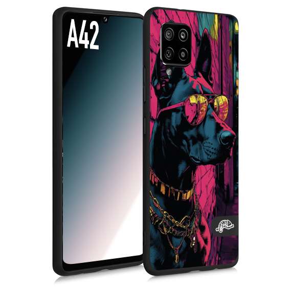 CUSTOMIZZA - Custodia cover nera morbida in tpu compatibile per Samsung A42 animali cyberpunk dobermann cane street dog fucsia blu