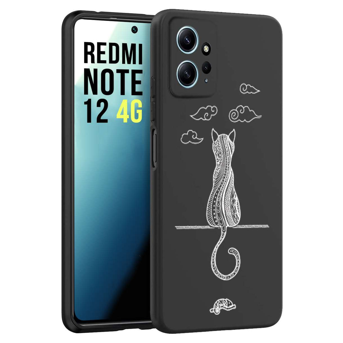 CUSTOMIZZA - Custodia cover nera morbida in tpu compatibile per Xiaomi Redmi Note 12 4G gatto mandala stilizzato gattino a rilievo soft touch donna bianca