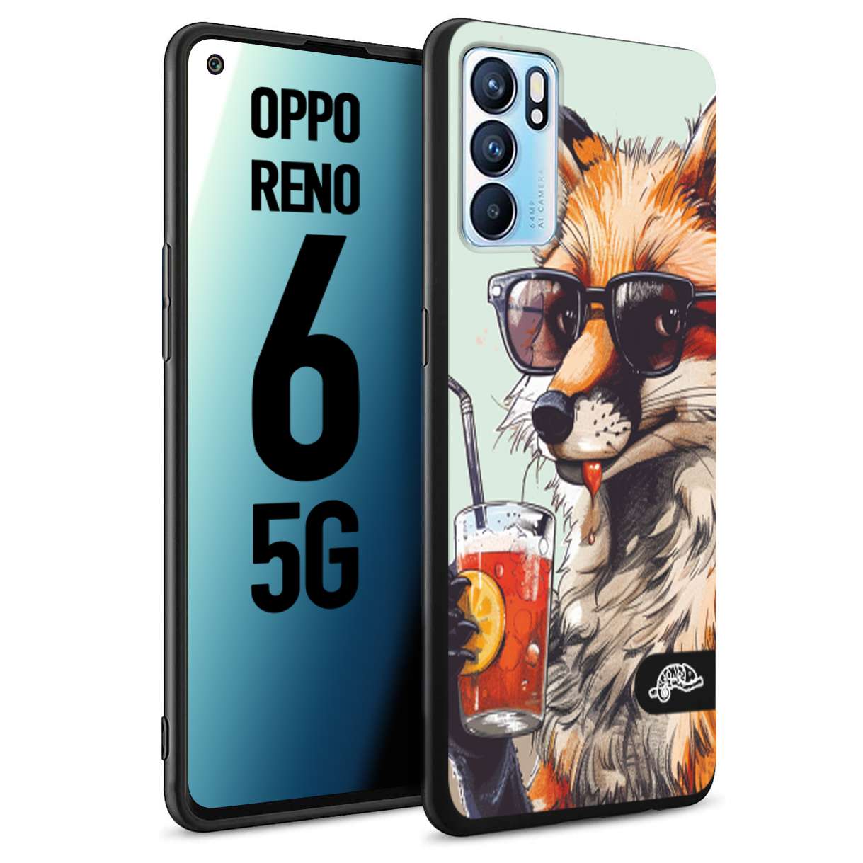 CUSTOMIZZA - Custodia cover nera morbida in tpu compatibile per Oppo Reno 6 5G estate disegnata cocktails animali simpatici fox volpe negroni