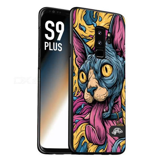 CUSTOMIZZA - Custodia cover nera morbida in tpu compatibile per Samsung S9 PLUS Sphynx Colorato Pop Art Psichedelico Gatto Blu Rosa Giallo Artistica Fantasy