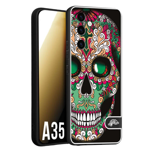 CUSTOMIZZA - Custodia cover nera morbida in tpu compatibile per Samsung A35 5G teschio messicano Mexican skull verde fucsia