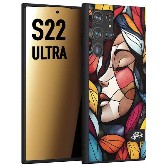 CUSTOMIZZA - Custodia cover nera morbida in tpu compatibile per Samsung S22 ULTRA Vetrata artistica volto di donna profilo fogliare mosaico di vetro colorato