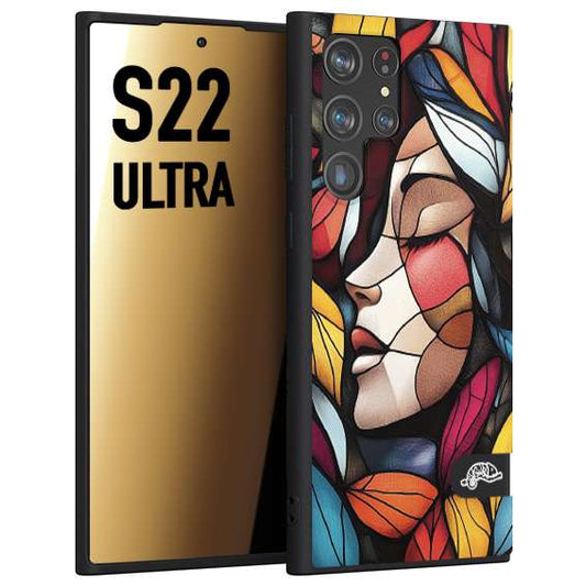 CUSTOMIZZA - Custodia cover nera morbida in tpu compatibile per Samsung S22 ULTRA Vetrata artistica volto di donna profilo fogliare mosaico di vetro colorato