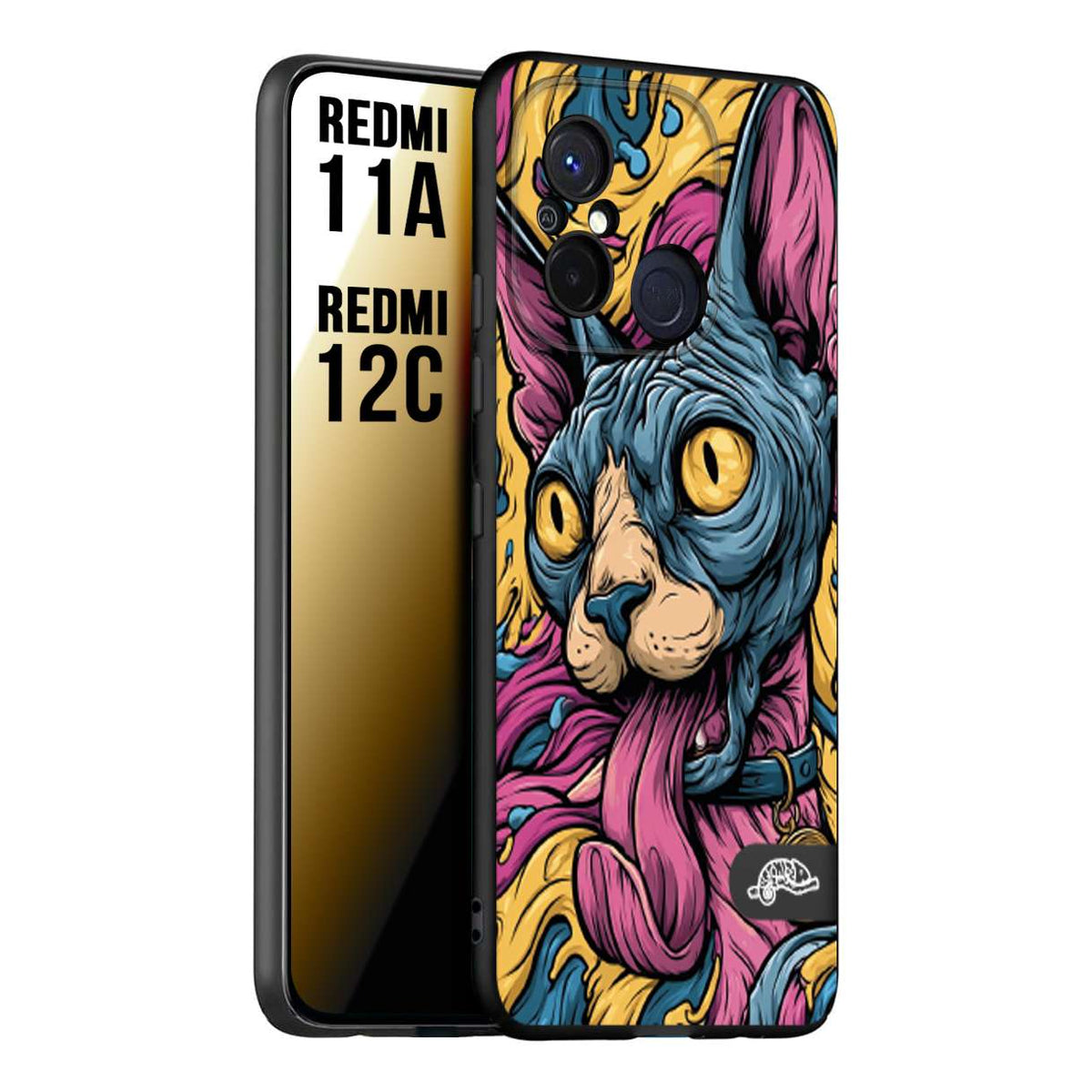 CUSTOMIZZA - Custodia cover nera morbida in tpu compatibile per Xiaomi Redmi 11A - 12C Sphynx Colorato Pop Art Psichedelico Gatto Blu Rosa Giallo Artistica Fantasy