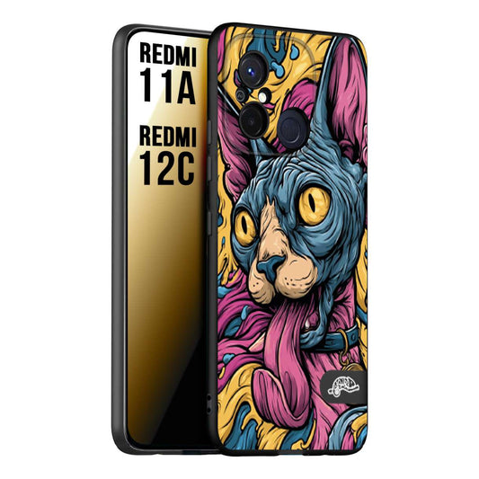 CUSTOMIZZA - Custodia cover nera morbida in tpu compatibile per Xiaomi Redmi 11A - 12C Sphynx Colorato Pop Art Psichedelico Gatto Blu Rosa Giallo Artistica Fantasy