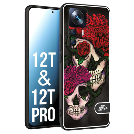 CUSTOMIZZA - Custodia cover nera morbida in tpu compatibile per Xiaomi 12T - 12T PRO teschi e rose rosse fucsia skull and roses