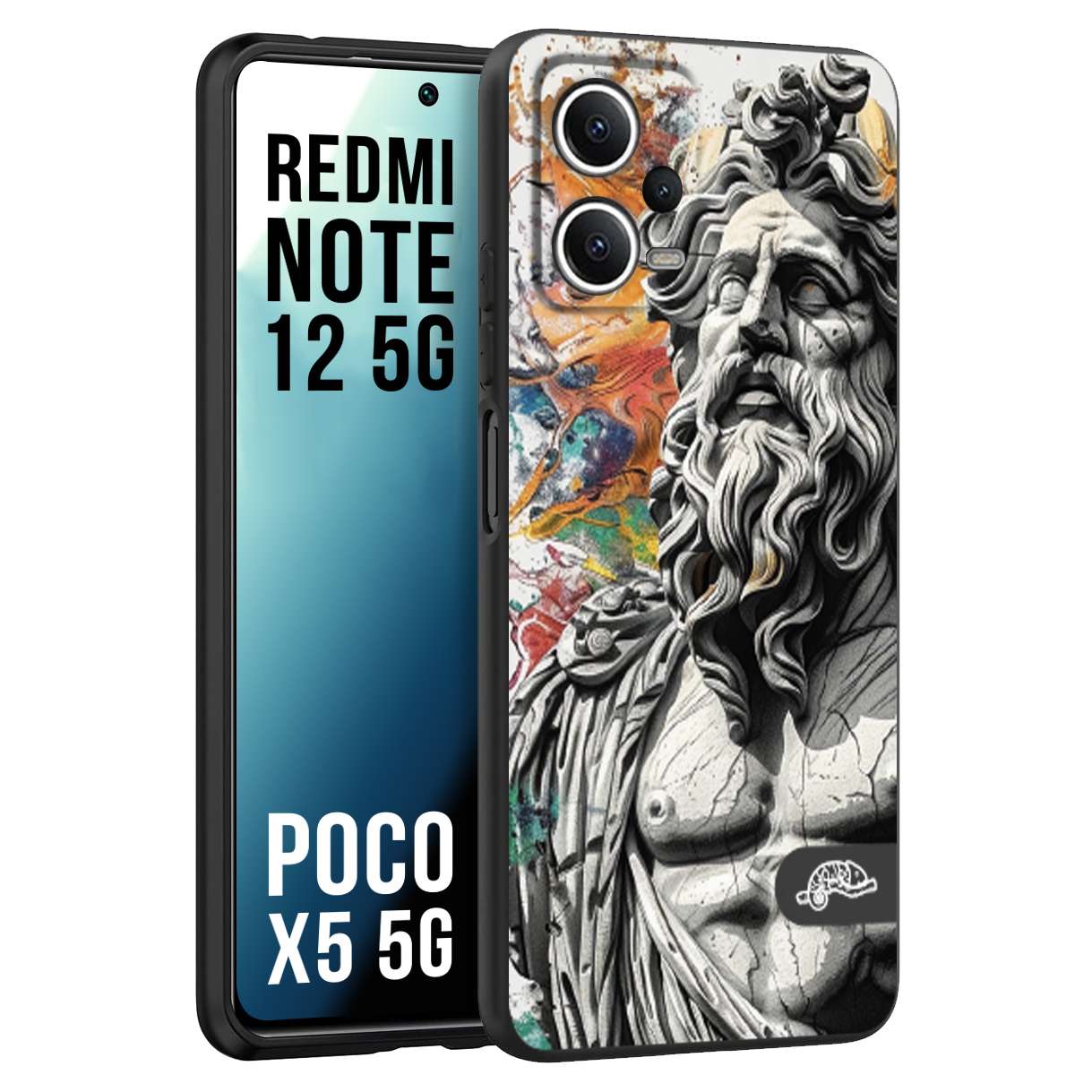 CUSTOMIZZA - Custodia cover nera morbida in tpu compatibile per Xiaomi Redmi Note 12 5G - POCO X5 5G statua colorata moderna antico tattoo splash color
