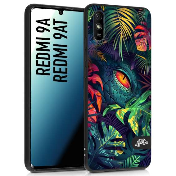 CUSTOMIZZA - Custodia cover nera morbida in tpu compatibile per Xiaomi Redmi 9A - 9AT animali color giungla tropicale occhio di coccodrillo alligatore disegnato