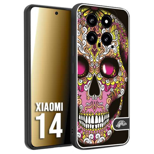 CUSTOMIZZA - Custodia cover nera morbida in tpu compatibile per Xiaomi 14 teschio messicano Mexican skull rosa gialla
