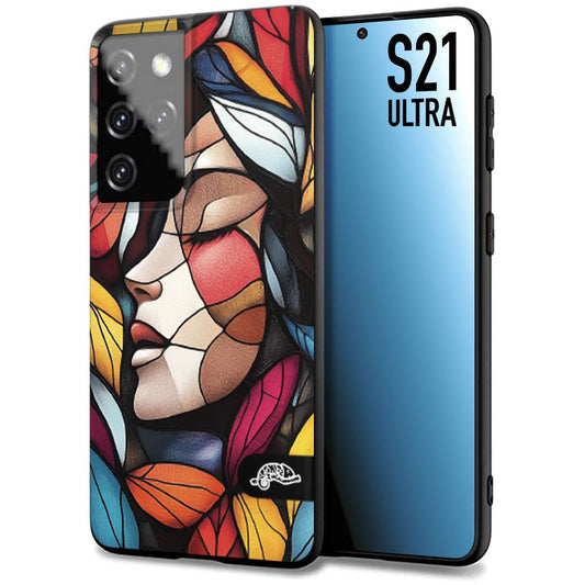 CUSTOMIZZA - Custodia cover nera morbida in tpu compatibile per Samsung S21 ULTRA Vetrata artistica volto di donna profilo fogliare mosaico di vetro colorato