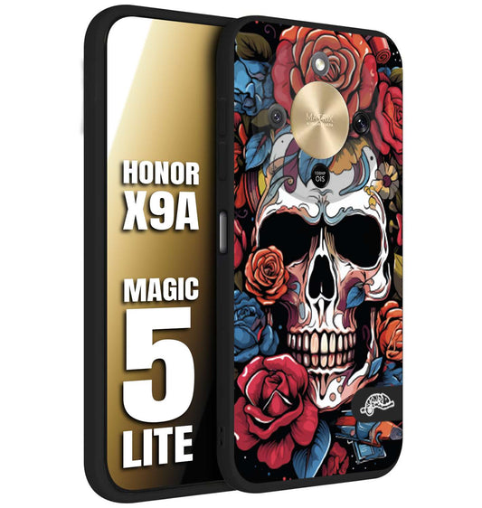 CUSTOMIZZA - Custodia cover nera morbida in tpu compatibile per Honor X9A - Honor Magic 5 Lite teschio skull flowers fiori rose rosse tattoo disegnato
