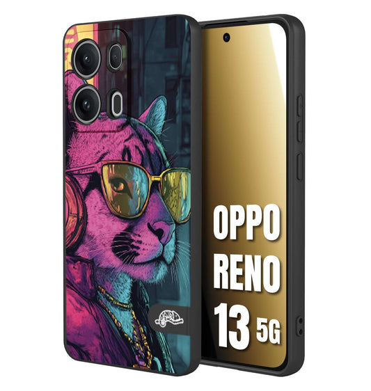 CUSTOMIZZA - Custodia cover nera morbida in tpu compatibile per Oppo Reno 13 5G animali cyberpunk pantera street cat fucsia blu giallo