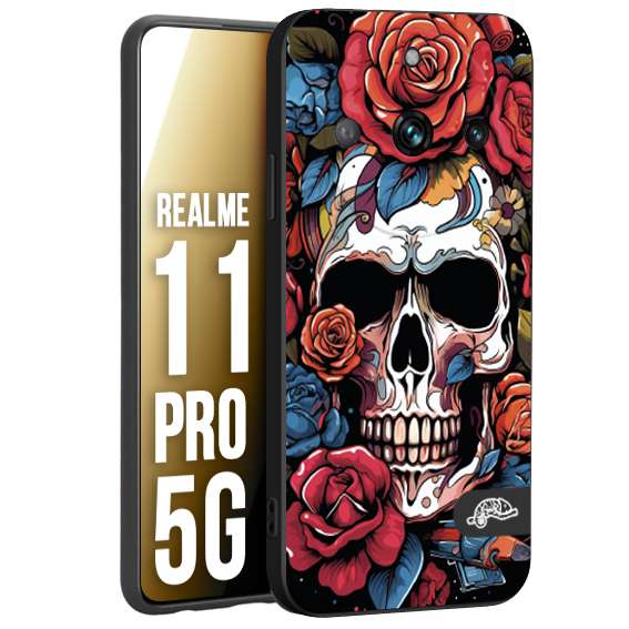 CUSTOMIZZA - Custodia cover nera morbida in tpu compatibile per Realme 11 PRO 5G teschio skull flowers fiori rose rosse tattoo disegnato