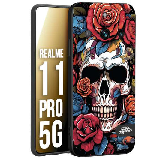 CUSTOMIZZA - Custodia cover nera morbida in tpu compatibile per Realme 11 PRO 5G teschio skull flowers fiori rose rosse tattoo disegnato