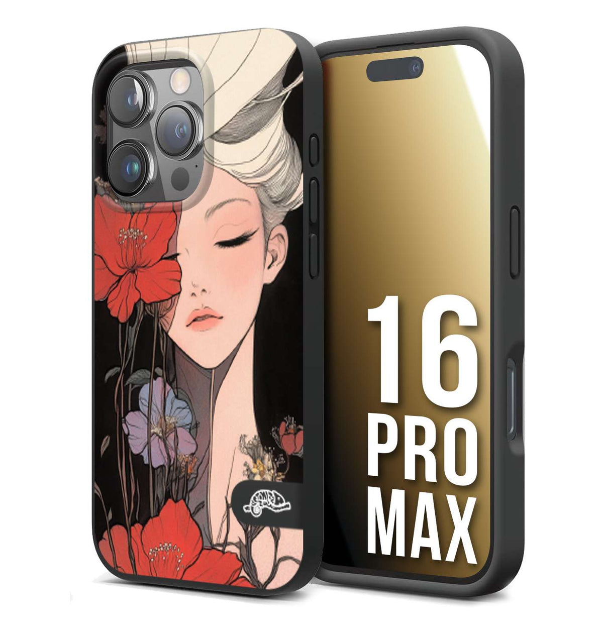 CUSTOMIZZA - Custodia cover nera morbida in tpu compatibile per iPhone 16 PRO MAX woman flower Fantasia Floreale Design Donna e Fiori, Retro Artistico