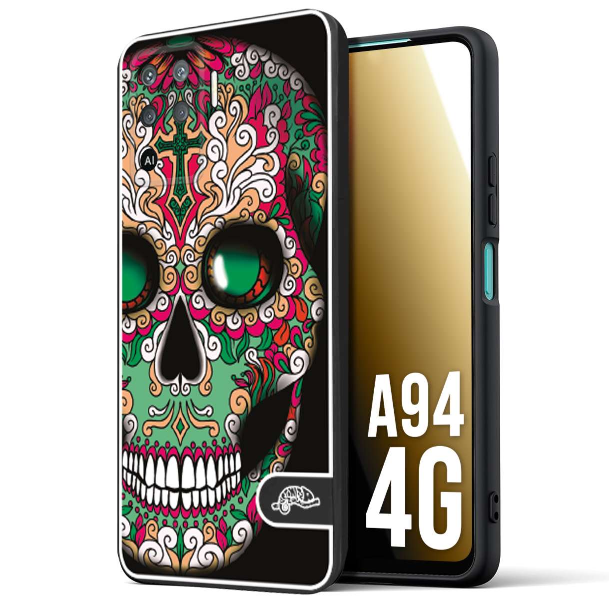 CUSTOMIZZA - Custodia cover nera morbida in tpu compatibile per Oppo A94 4G teschio messicano Mexican skull verde fucsia