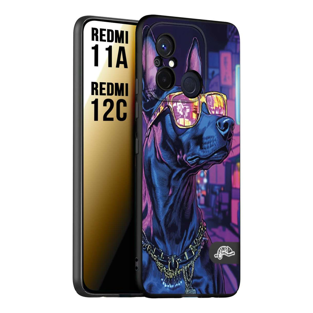 CUSTOMIZZA - Custodia cover nera morbida in tpu compatibile per Xiaomi Redmi 11A - 12C animali cyberpunk dobermann cane street dog fucsia blu night