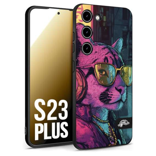 CUSTOMIZZA - Custodia cover nera morbida in tpu compatibile per Samsung S23 PLUS animali cyberpunk pantera street cat fucsia blu giallo
