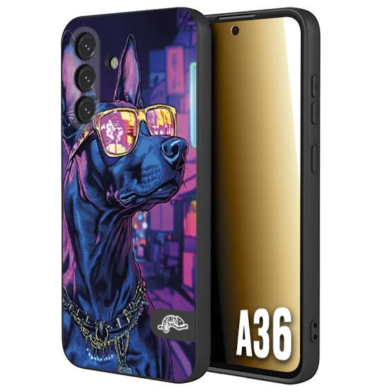 CUSTOMIZZA - Custodia cover nera morbida in tpu compatibile per Samsung A36 animali cyberpunk dobermann cane street dog fucsia blu night