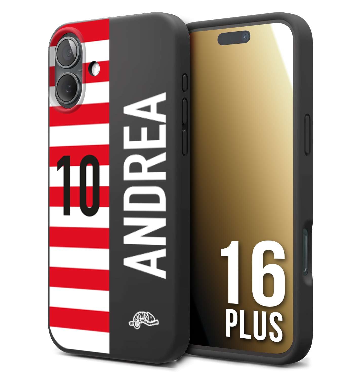 CUSTOMIZZA - Custodia cover nera morbida in tpu compatibile per iPhone 16 PLUS personalizzata calcio football nome e numero calciatori bianco rossa