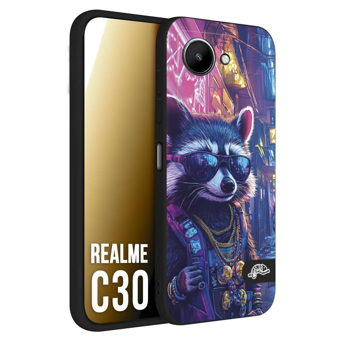 CUSTOMIZZA - Custodia cover nera morbida in tpu compatibile per Realme C30 animali simpatici cyberpunk procione racoon street cat fucsia blu giallo
