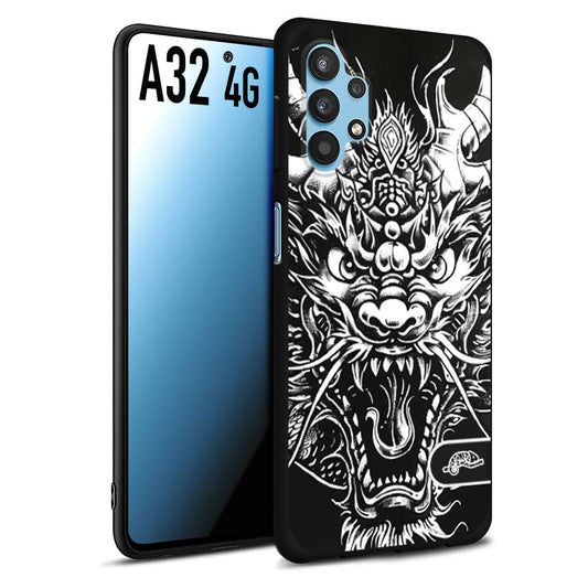 CUSTOMIZZA - Custodia cover nera morbida in tpu compatibile per Samsung A32 4G drago black and white bianco a rilievo disegnato tattoo tatuaggio